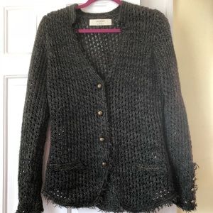 Zara open weave cardigan.  Olive green w/brass